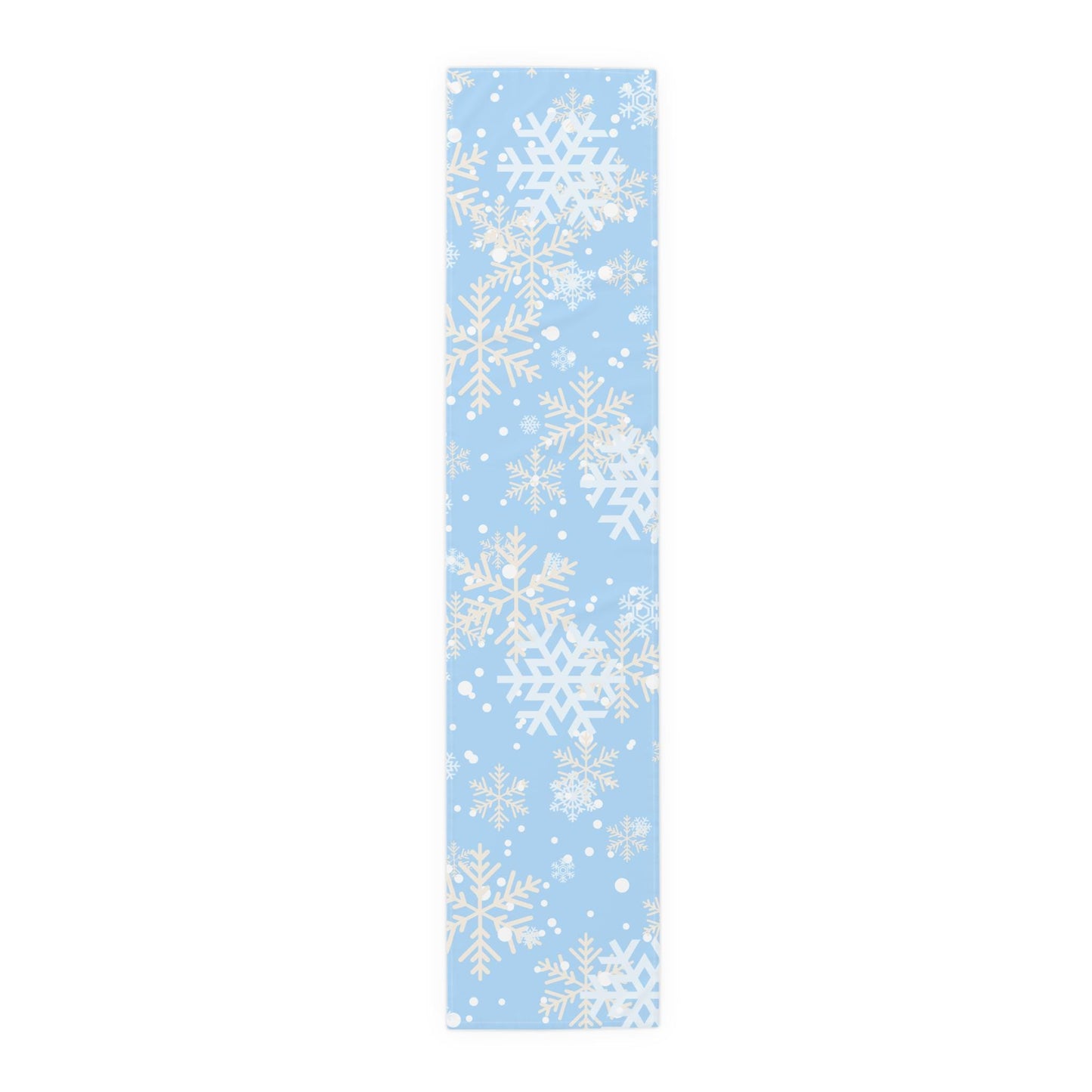 Table Runner, Winter Snowflakes Falling Blue Background Holiday Cheer, Pretty Calming Home Decor, Cotton twill or Poly Blend, Winter Scene