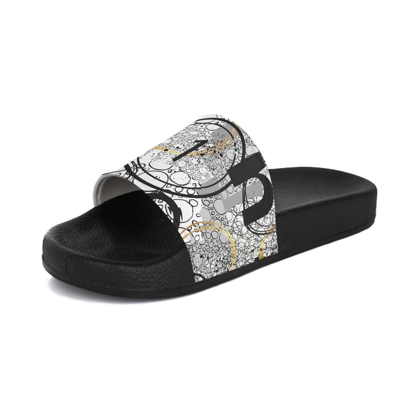 Sandals, Bold Geometric Abstract Art Black White Gray, Letters Numbers, Circles, Women's Footwear, Sliders, Summer Shoes