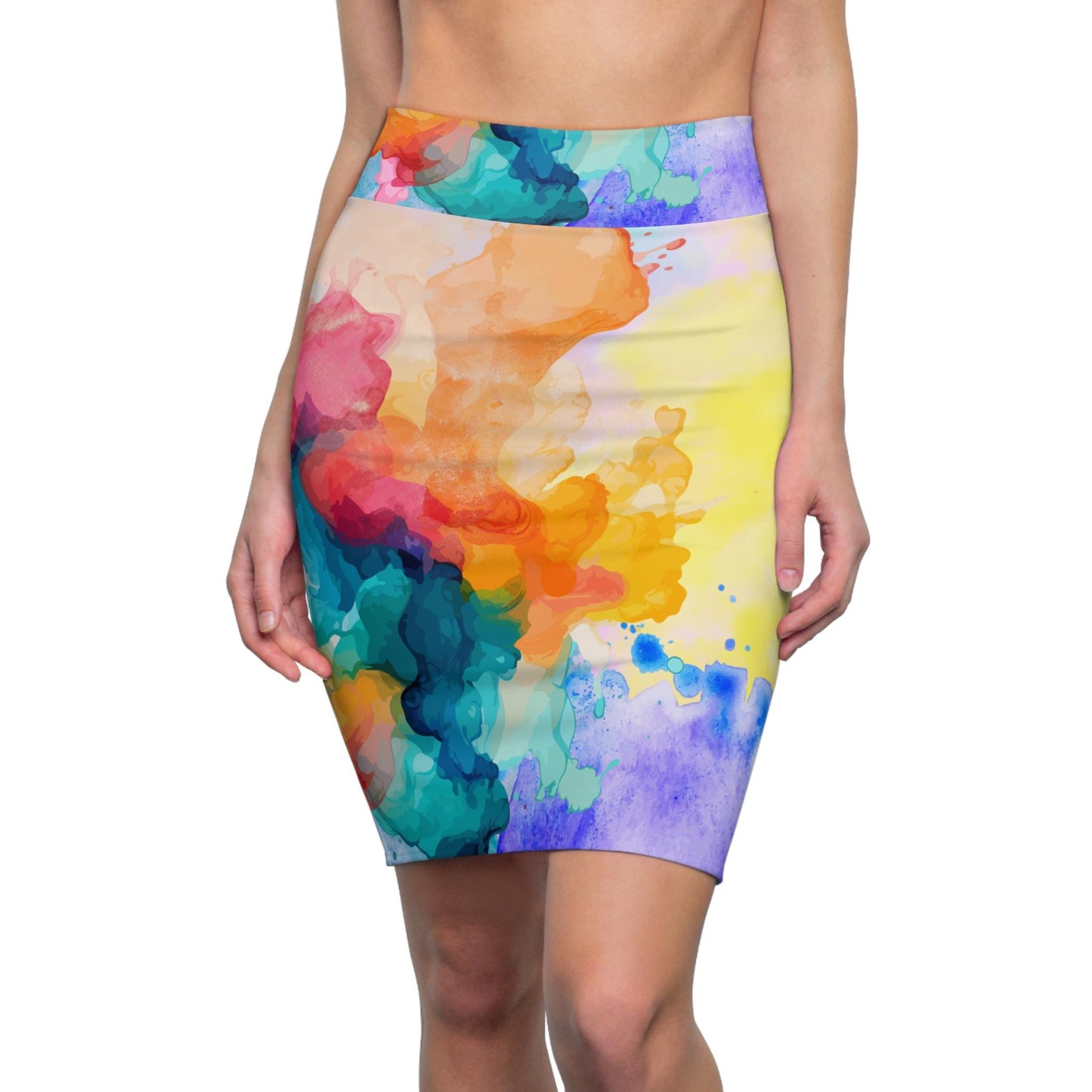 Watercolor Women's Pencil Skirt, Yellow Orange Teal Green, Soft Flowing Calming Gentle Statement, Floral Midi Skirt, Summer Casual Wear,