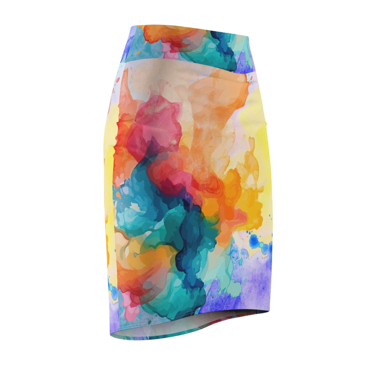 Watercolor Women's Pencil Skirt, Yellow Orange Teal Green, Soft Flowing Calming Gentle Statement, Floral Midi Skirt, Summer Casual Wear,