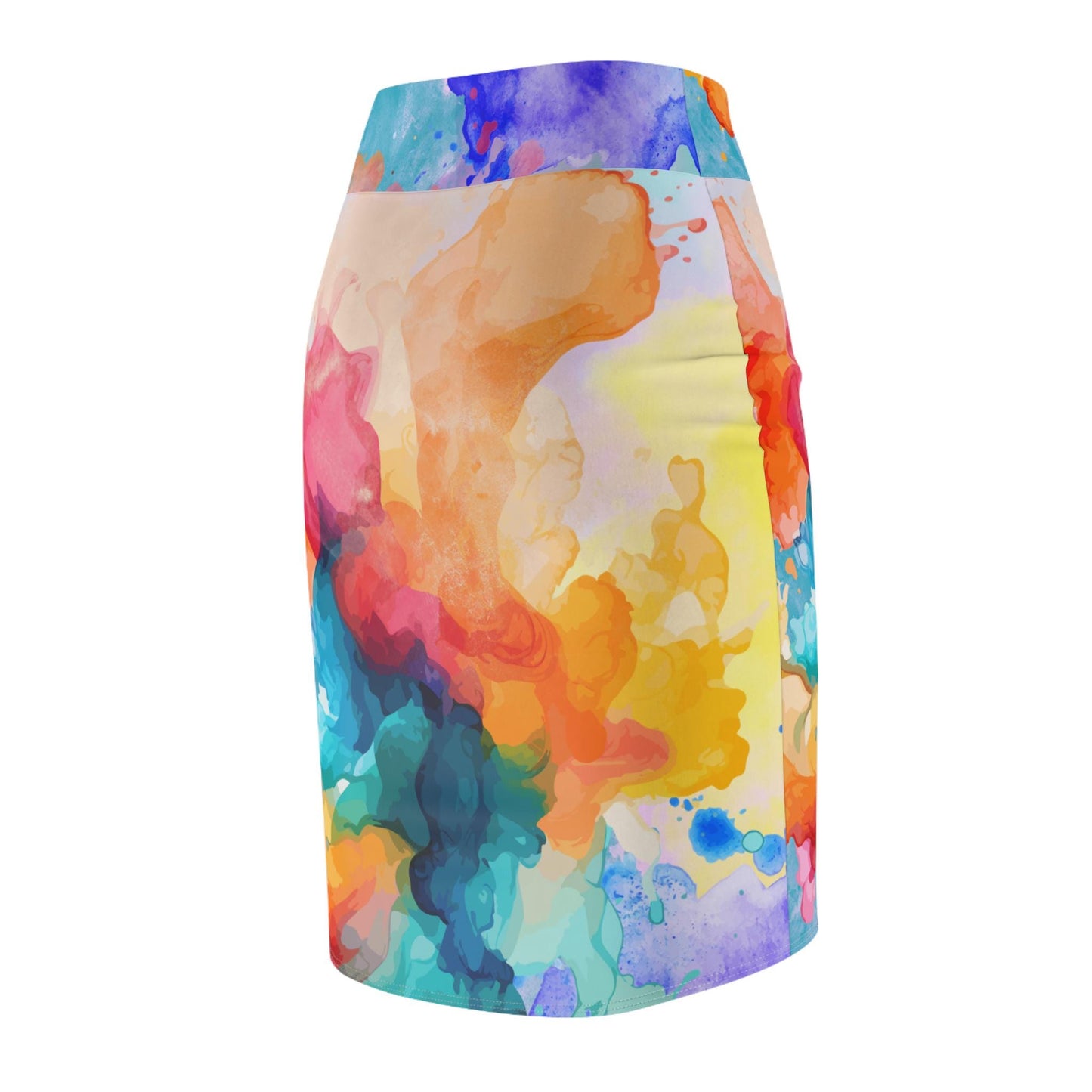 Watercolor Women's Pencil Skirt, Yellow Orange Teal Green, Soft Flowing Calming Gentle Statement, Floral Midi Skirt, Summer Casual Wear,