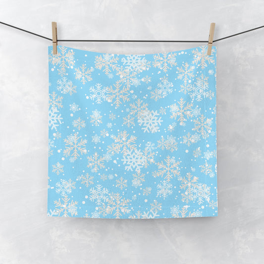 Face Towel - Blue Snowflakes Winter Design, Guest Towels, Soft and Gentle, Holiday Decor, Hostess Gift