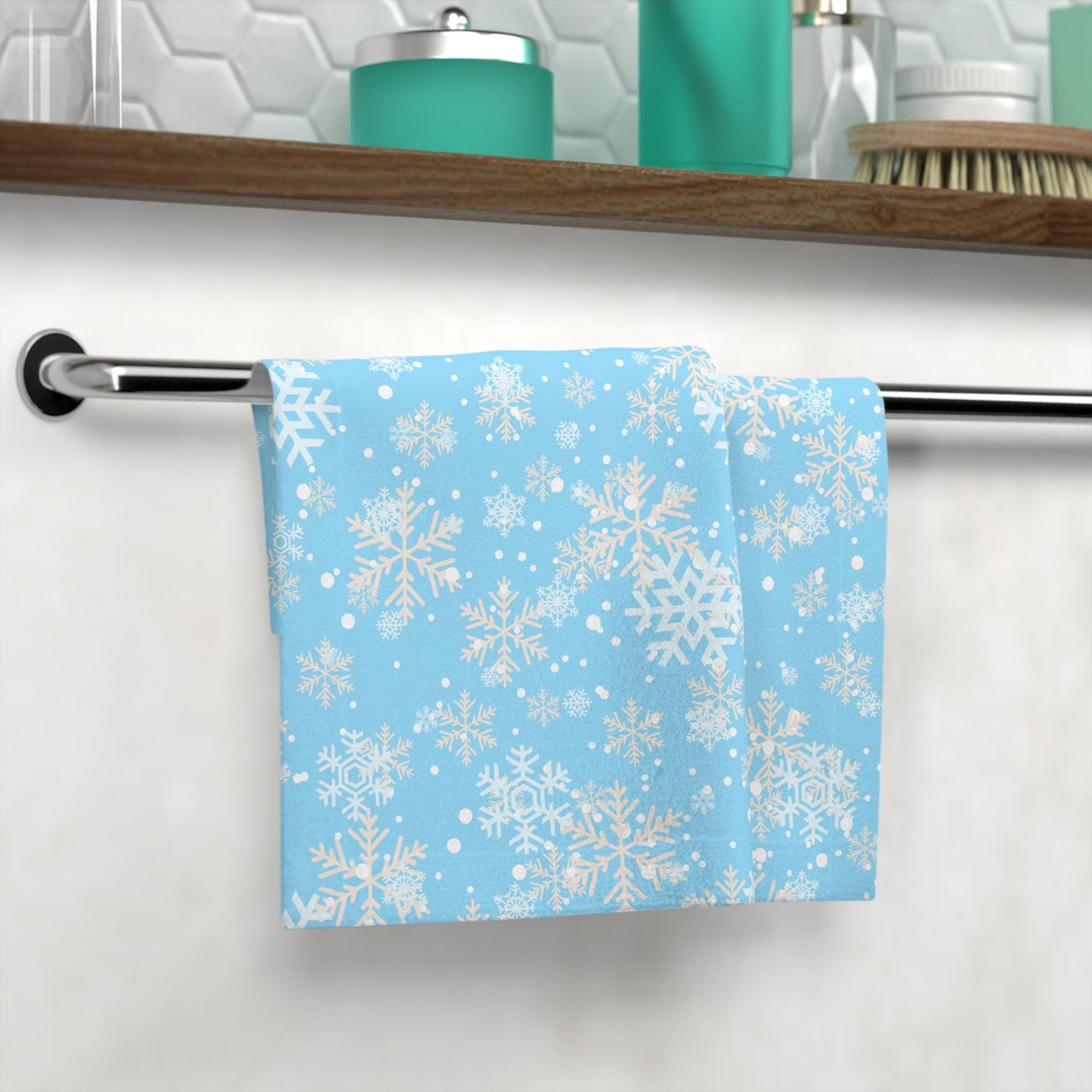 Face Towel - Blue Snowflakes Winter Design, Guest Towels, Soft and Gentle, Holiday Decor, Hostess Gift