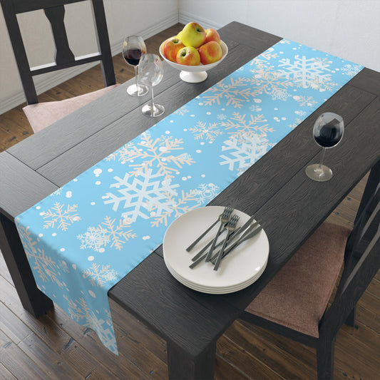 Table Runner, Winter Snowflakes Falling Blue Background Holiday Cheer, Pretty Calming Home Decor, Cotton twill or Poly Blend, Winter Scene