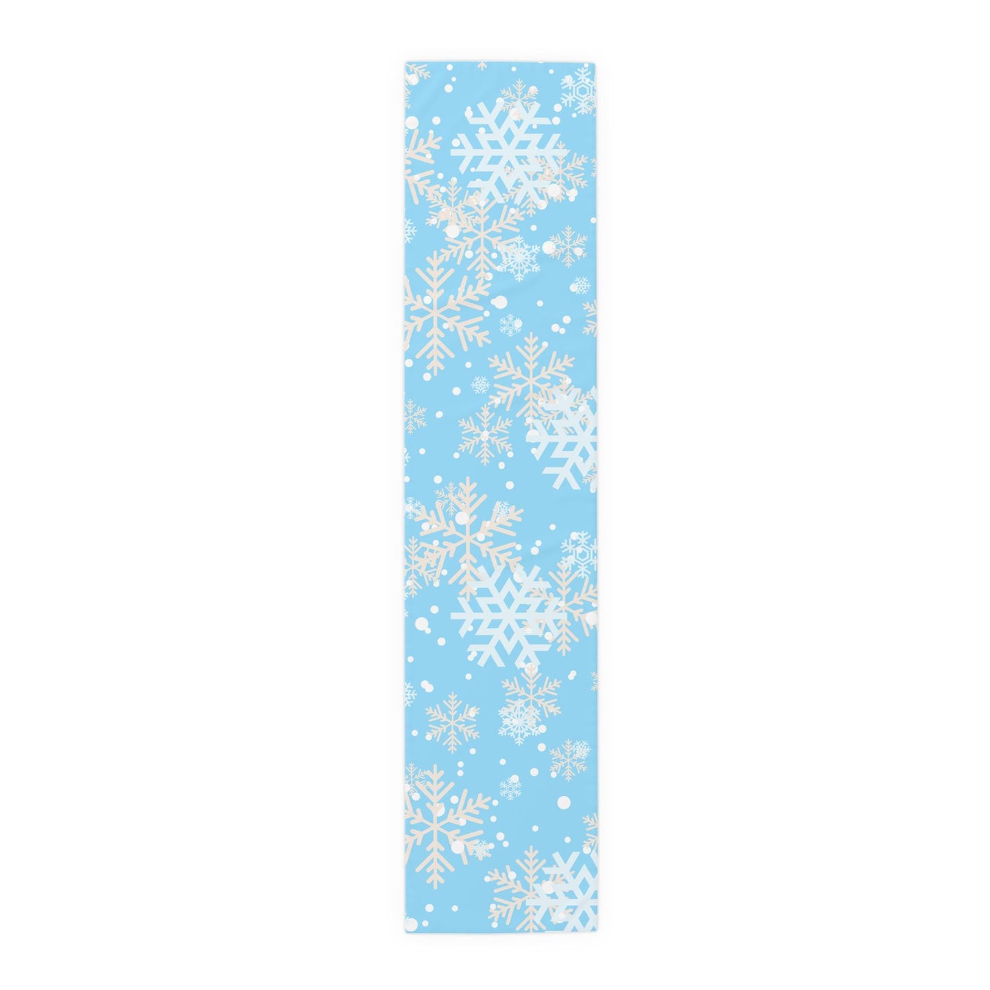 Table Runner, Winter Snowflakes Falling Blue Background Holiday Cheer, Pretty Calming Home Decor, Cotton twill or Poly Blend, Winter Scene