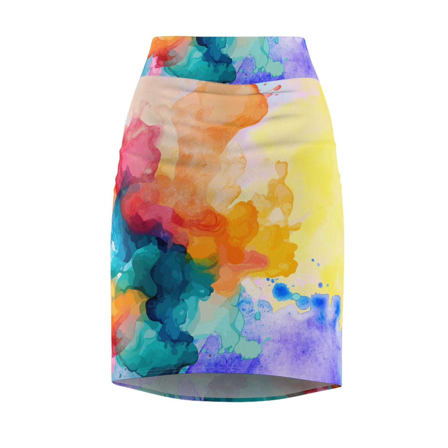 Watercolor Women's Pencil Skirt, Yellow Orange Teal Green, Soft Flowing Calming Gentle Statement, Floral Midi Skirt, Summer Casual Wear,