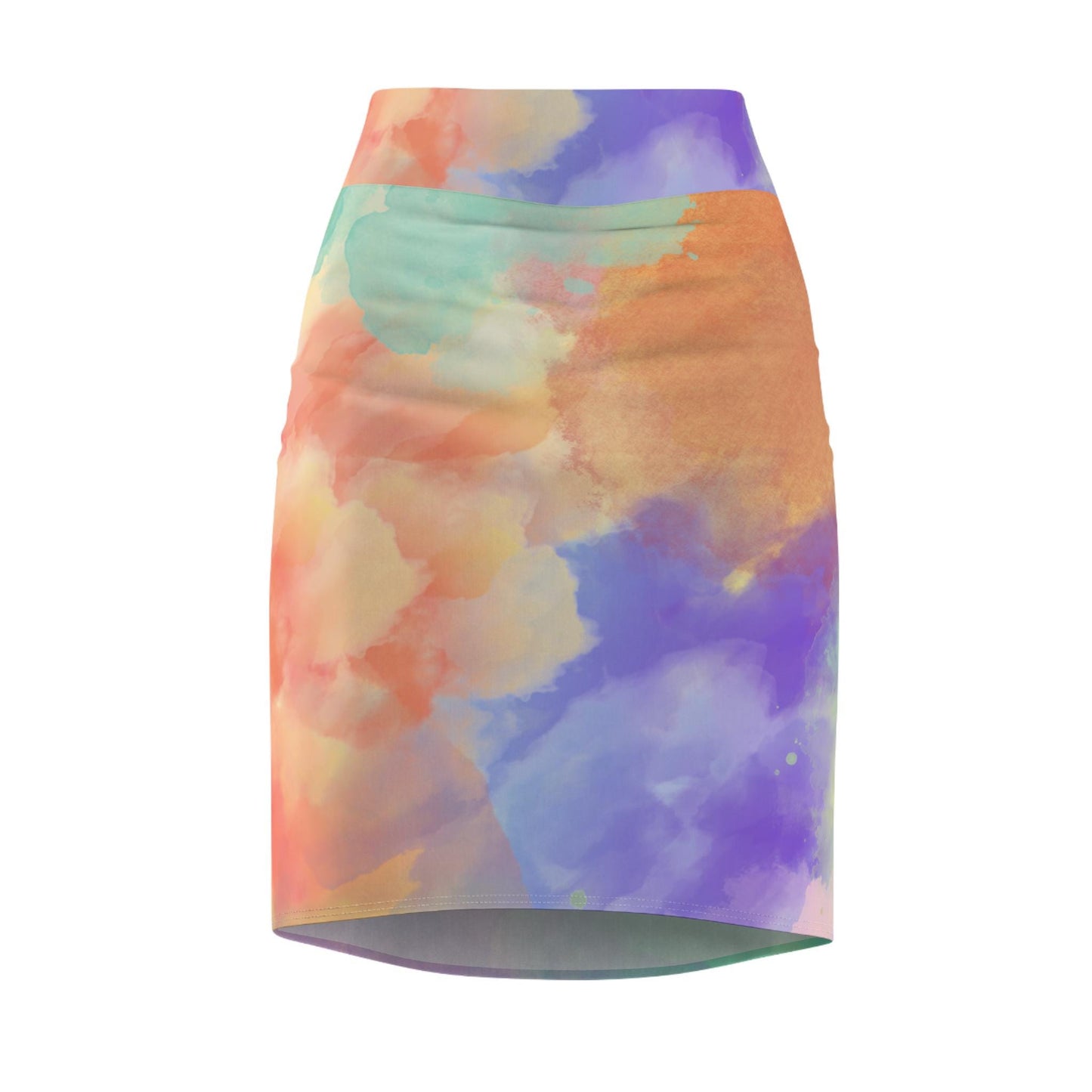 Watercolor Mix Women's Pencil Skirt, Purple Orange Teal Green Artistic Style, Unique Modern Fashion Statement, Hand Painted Design, Original