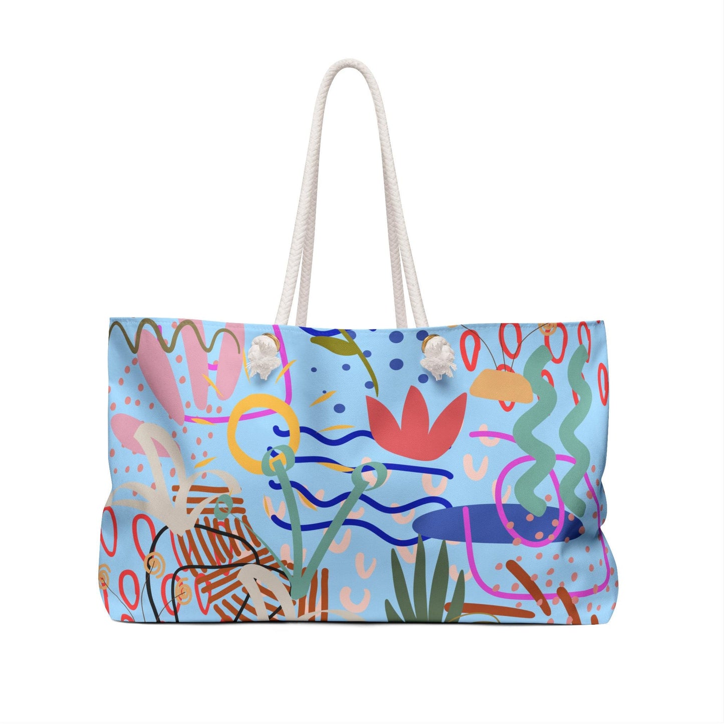 Expressive Collagé Style Tote Bag with Natural Graphics, Weekender Bag for Travel, Floral Plant Abstract Design, Blue Green Pink, Gift