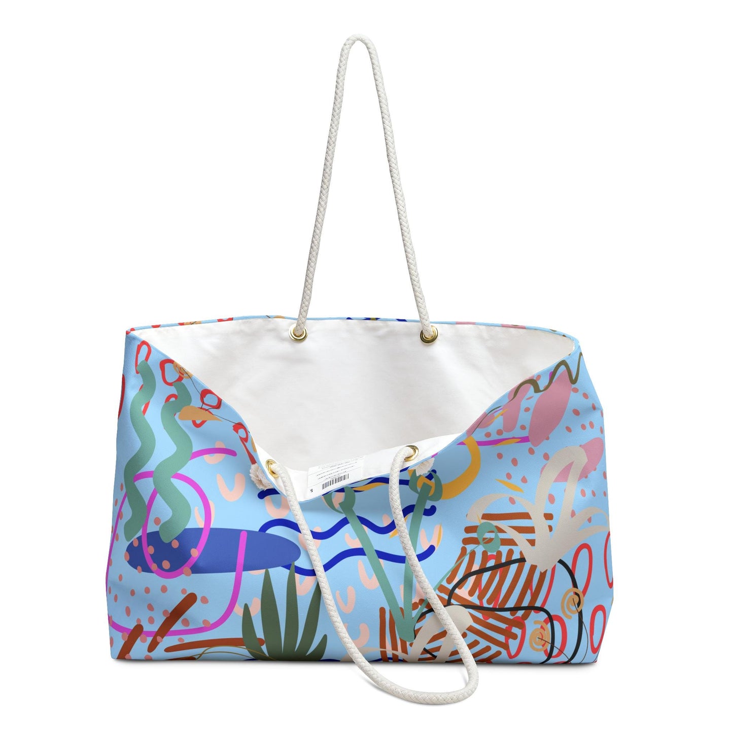 Expressive Collagé Style Tote Bag with Natural Graphics, Weekender Bag for Travel, Floral Plant Abstract Design, Blue Green Pink, Gift