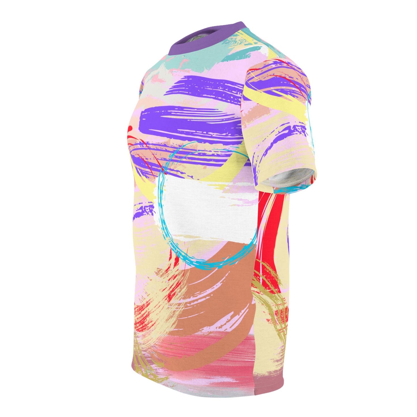 Abstract Fluid Design Unisex Tee, Soft Violet Yellow Red Colorful Shirt, Artistic Graphic Tshirt, Bright Summer Top, Festival Clothing