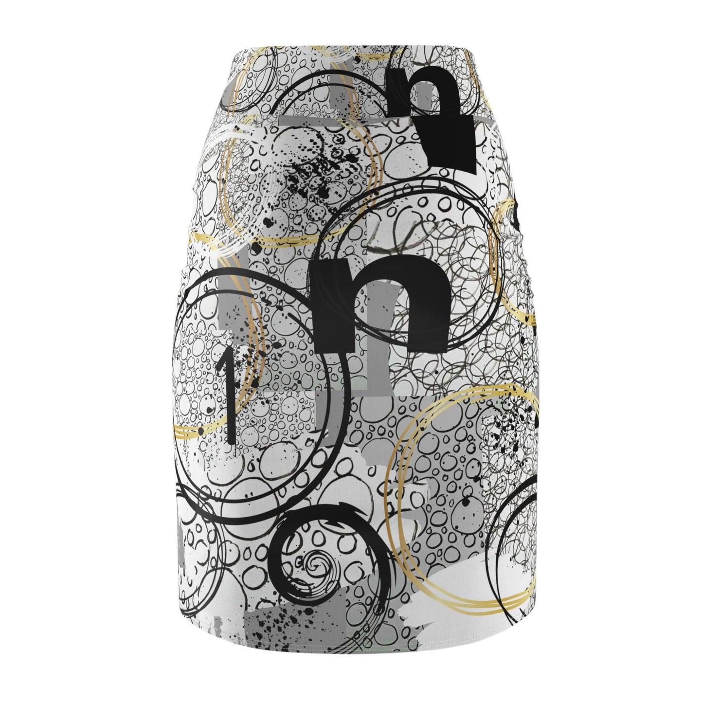 Abstract Geometric Pencil Skirt, Numbers and Letters Design, Statement Piece, Original Artwork, Black White Gray, Women's Fashion, Office