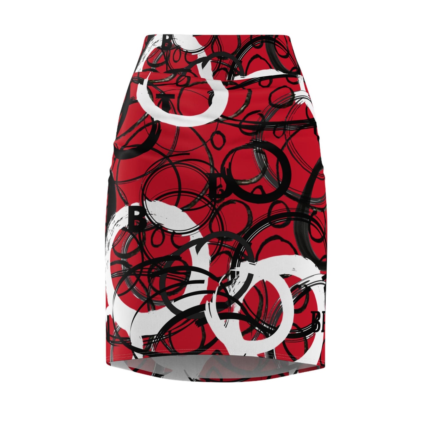 Copy of Pencil Skirt, Abstract Circles, Party Evening Day Modern, Women's Skirt, Statement , Black White Over Red Skirt, Original Art Skirt