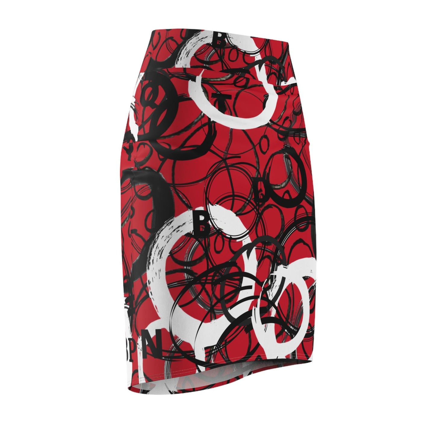 Copy of Pencil Skirt, Abstract Circles, Party Evening Day Modern, Women's Skirt, Statement , Black White Over Red Skirt, Original Art Skirt