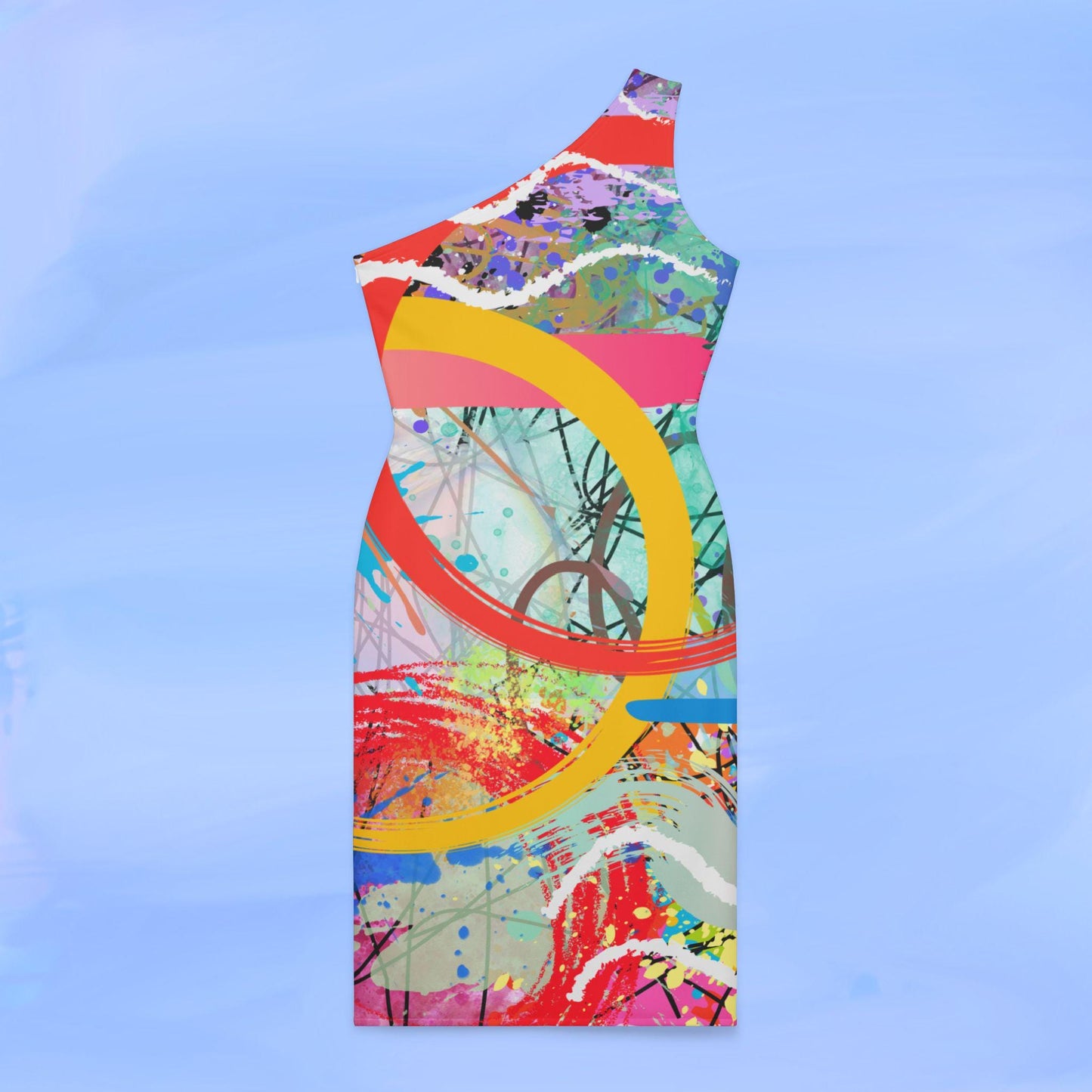 Shoulder Dress, Colorful Abstract Digital Design, Perfect for Cocktails, Dates, Any Occasion