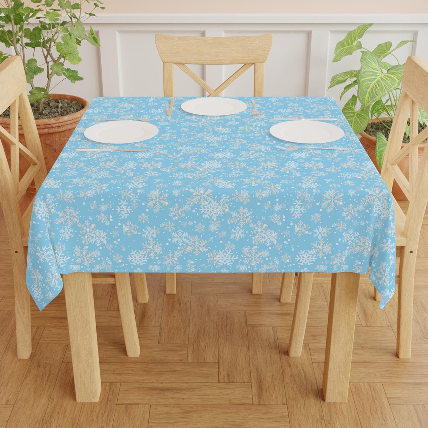 Tablecloth Winter Snowflakes, Blue Background, Cold Weather Party Decor, Holiday Table Covering, Soft Fabric for Festive Gatherings