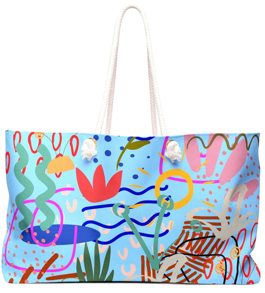 Expressive Collagé Style Tote Bag with Natural Graphics, Weekender Bag for Travel, Floral Plant Abstract Design, Blue Green Pink, Gift