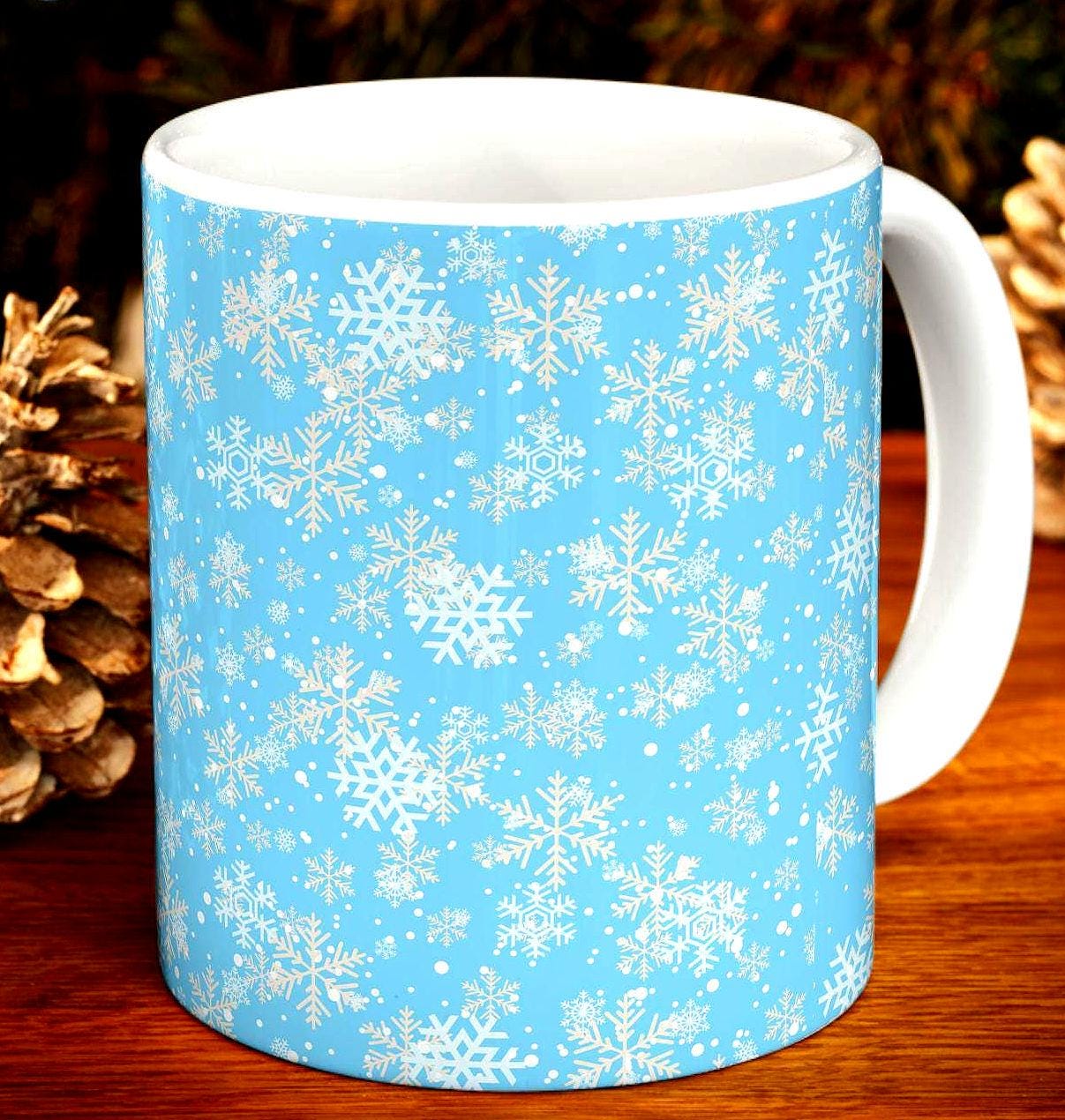 Snowflake Ceramic Mug, Winter Blizzard Hot Beverage Cup, Blue Snow Design, Christmas Gift, Holiday Mug, Unique Kitchen Decor