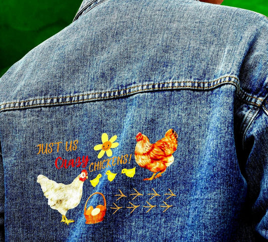 Denim Jacket, Just Us Crazy Chickens, Fun Farm Life Humor, Chicken Fan, Country Life, Women's Outerwear, Farmhouse Fashion, Barnyard Style,