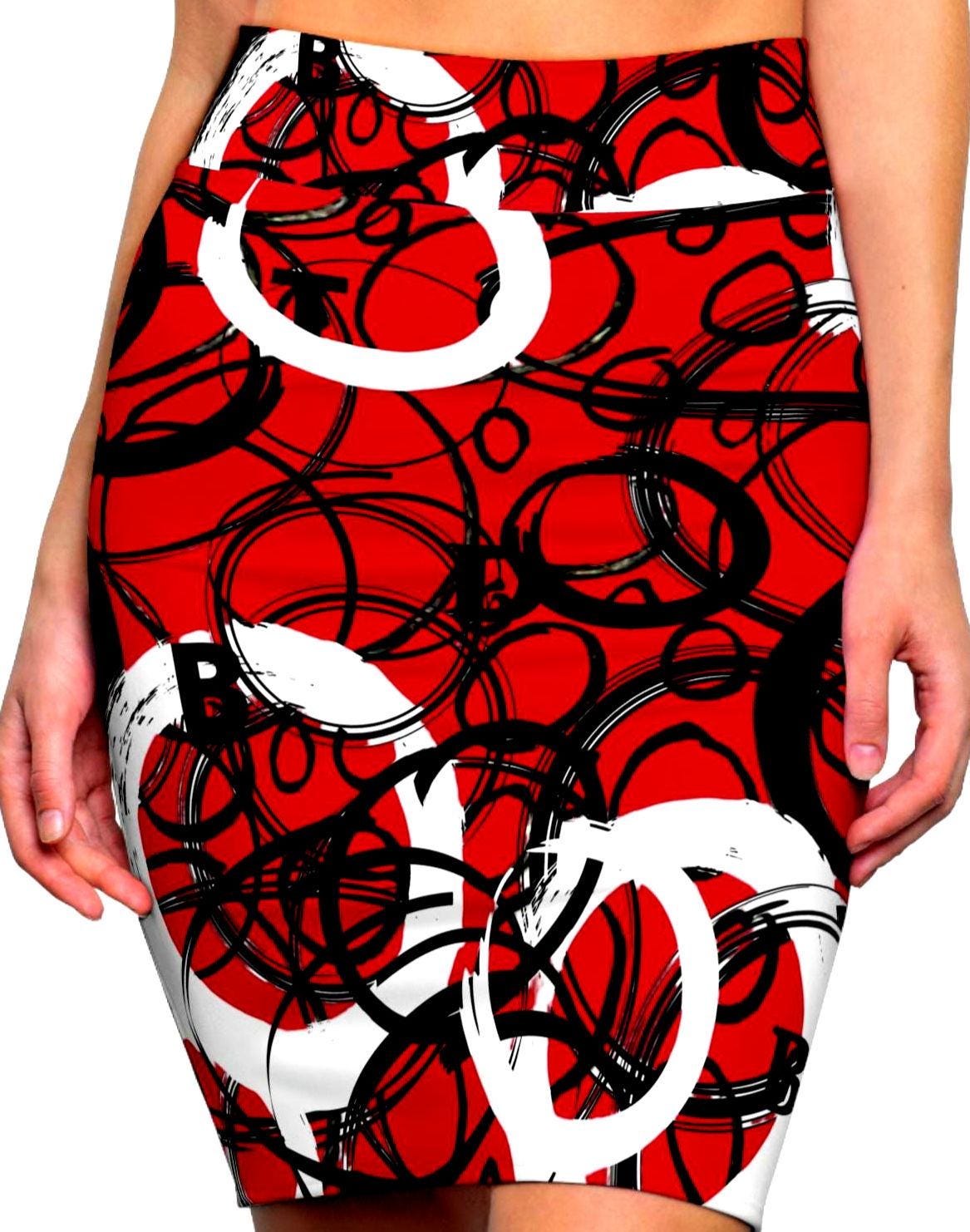 Copy of Pencil Skirt, Abstract Circles, Party Evening Day Modern, Women's Skirt, Statement , Black White Over Red Skirt, Original Art Skirt