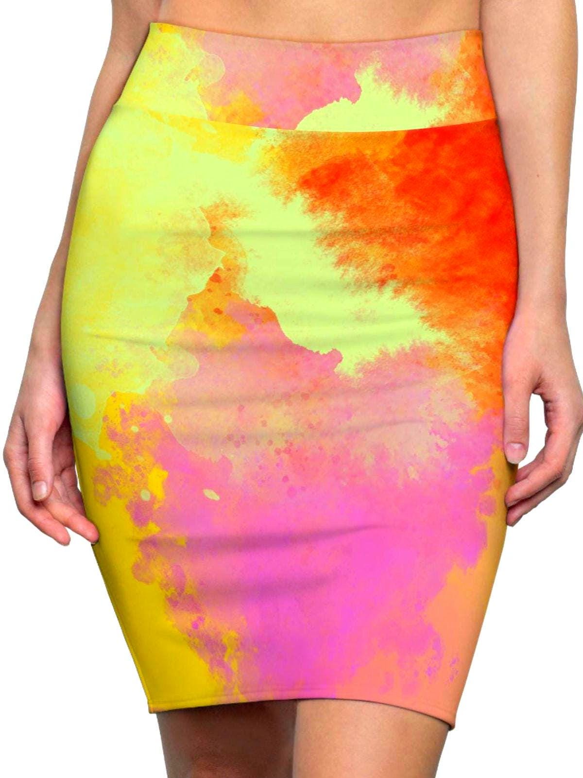 Pencil Skirt, Colorful Watercolor Women's Skirt, Modern Art Statement Piece, Unique Orange Yellow Blend, Wearable Art Apparel,