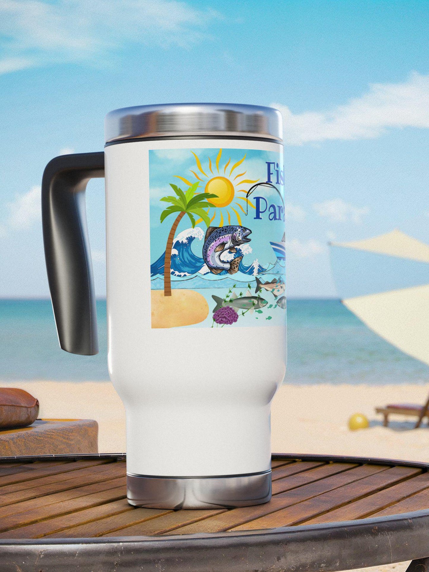 Travel Mug, Fishing Angler Design, Fish Boat Waves Palm Trees, Stainless Steel Mug, Gift for Fisherman, Outdoor Enthusiast, Fishing