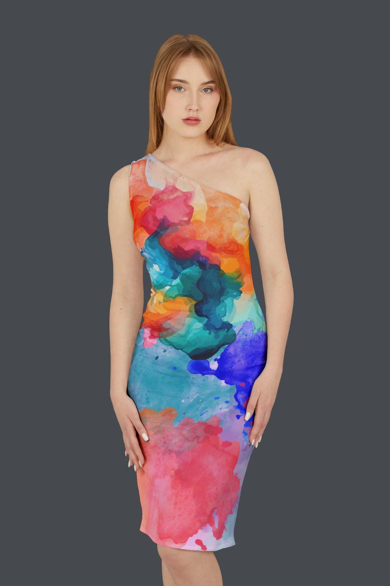 Shoulder Dress, Colorful Rainbow Watercolors, Abstract Fluid Paint, Original Design, Attention Getting, Art, Cocktails, Date night, Sundress