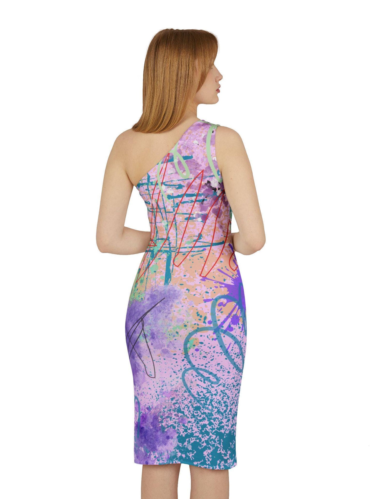 Shoulder Dress, Abstract Art Statement Piece, Pink Purple Cocktail Party Day Wear, Unique Original Print, Women's Fashion