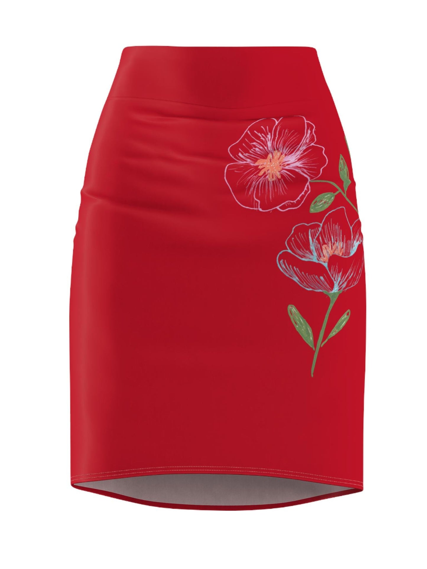 Floral Pencil Skirt, Hand Drawn Flowers, Women's Fashion, Original Art, Spring/Summer Clothing, Red Skirt