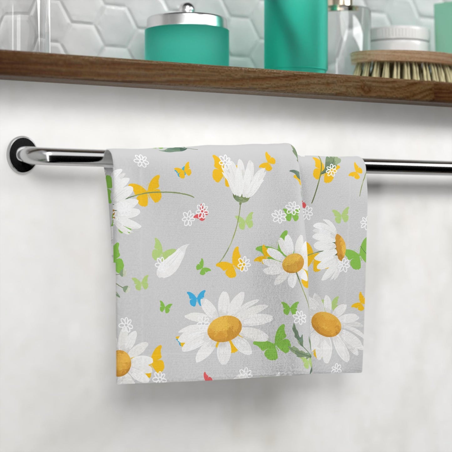 Face Towel with Daisies and Soft Gray Backing, Pretty Bathroom Addition, Spring Summer Flowers, Gentle Appearance, Pleasant Colors, Happy