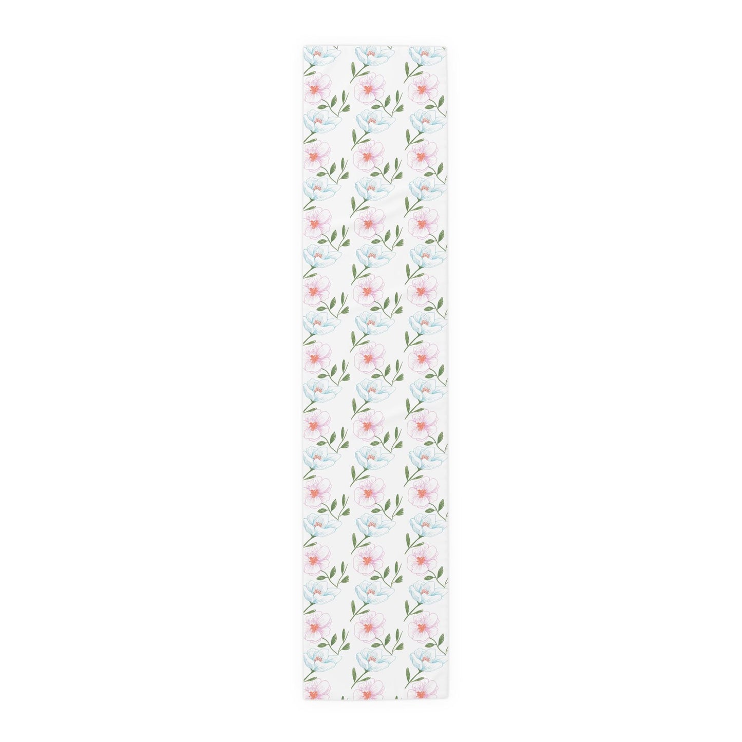 Polyester Table Runner, Hand Drawn Blue and Pink Flowers, Cosmos Variety, Spring Floral Accent for Table