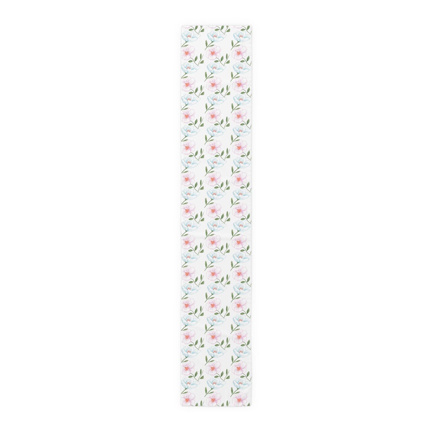 Polyester Table Runner, Hand Drawn Blue and Pink Flowers, Cosmos Variety, Spring Floral Accent for Table