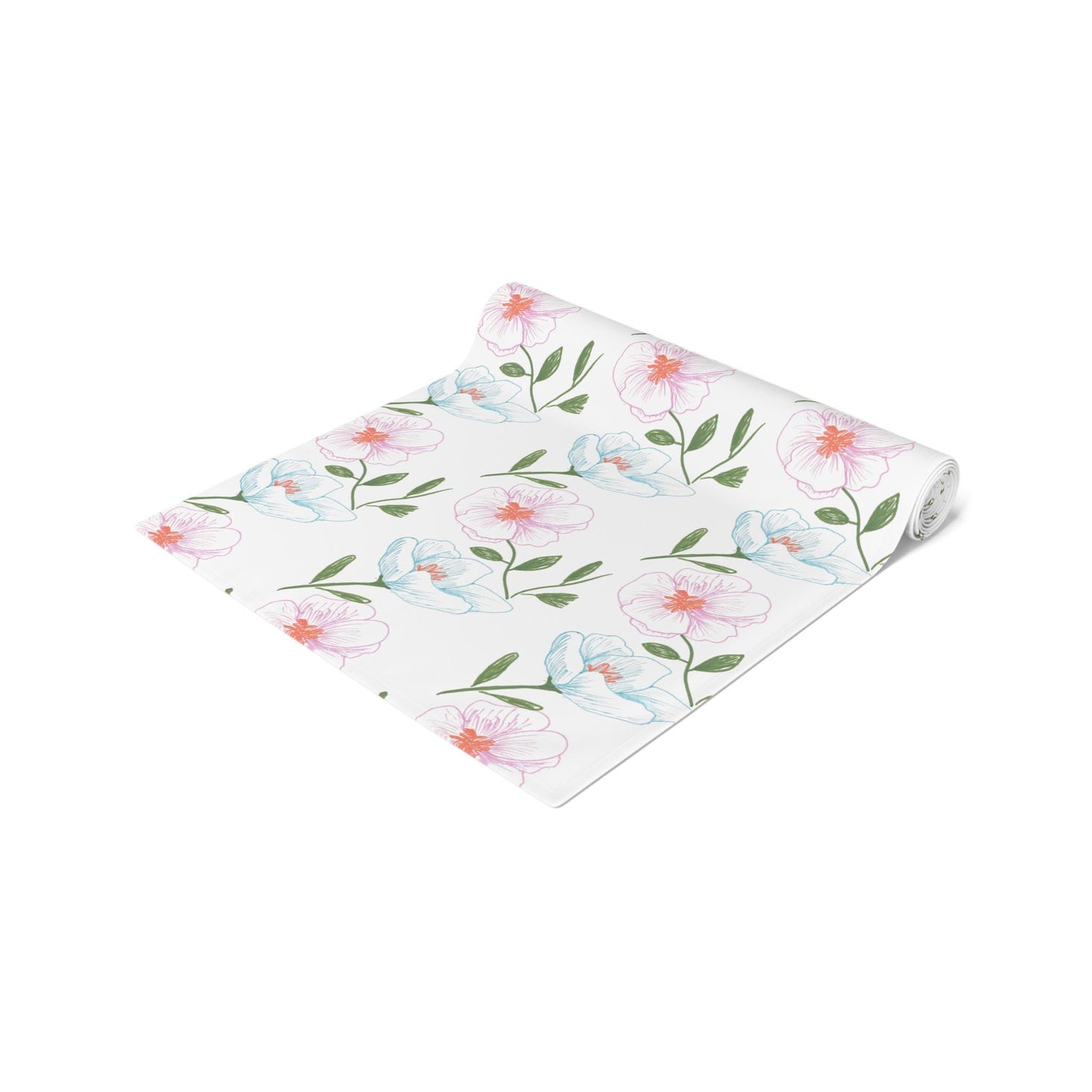 Polyester Table Runner, Hand Drawn Blue and Pink Flowers, Cosmos Variety, Spring Floral Accent for Table