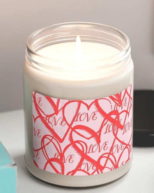 5 Unique Scents Soy Jar Candle, 9oz Valentine's Day with Different Hearrts and Love Written in Red over Pink Background Label