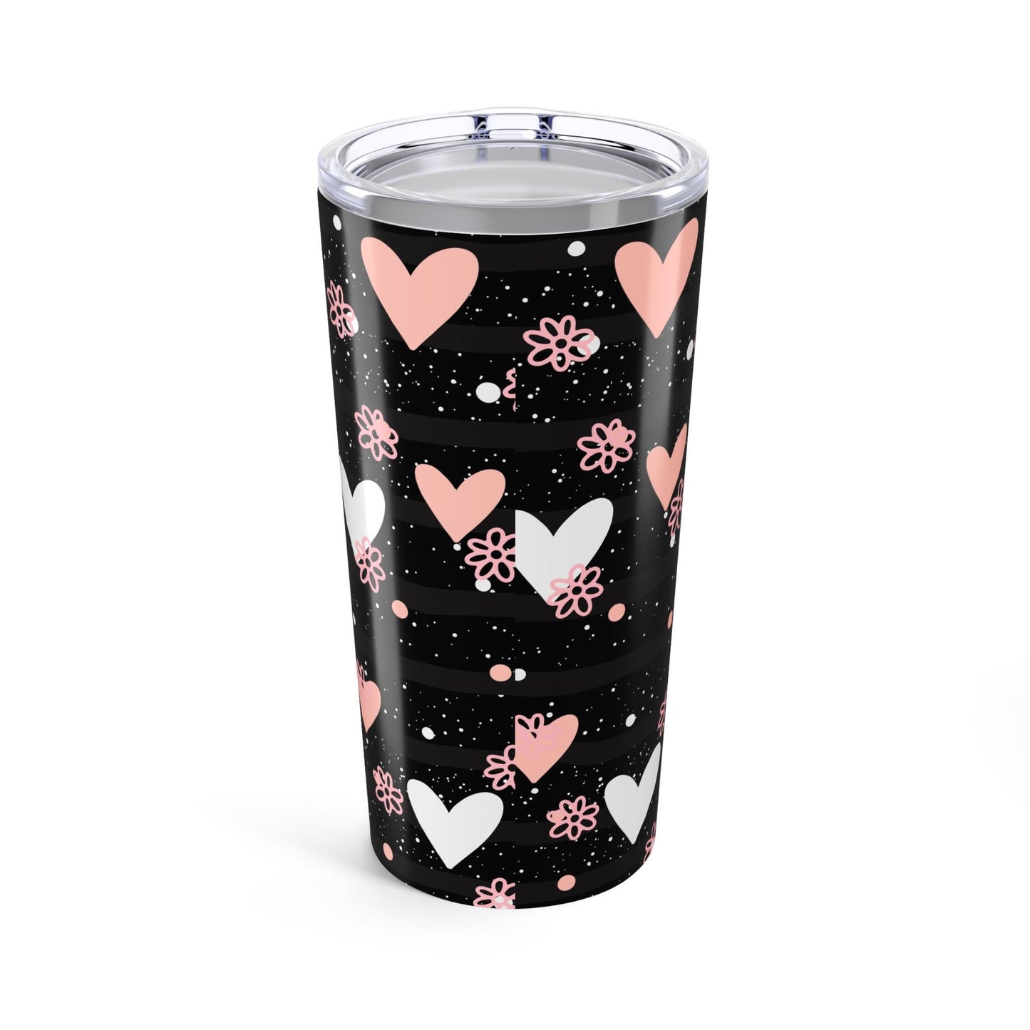 Heart Pattern Tumbler 20oz, Romantic Valentine's Day Gift Love Design, Pink and White Hearts on Dark Background, Mug, Cup, Drinkware,