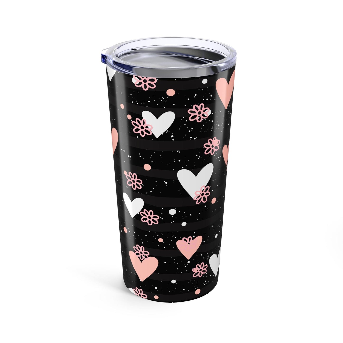 Heart Pattern Tumbler 20oz, Romantic Valentine's Day Gift Love Design, Pink and White Hearts on Dark Background, Mug, Cup, Drinkware,