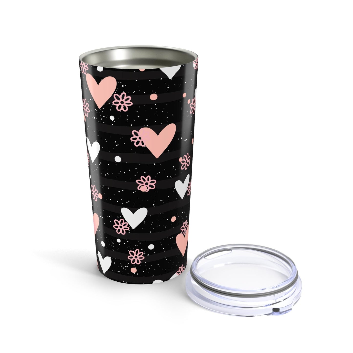 Heart Pattern Tumbler 20oz, Romantic Valentine's Day Gift Love Design, Pink and White Hearts on Dark Background, Mug, Cup, Drinkware,