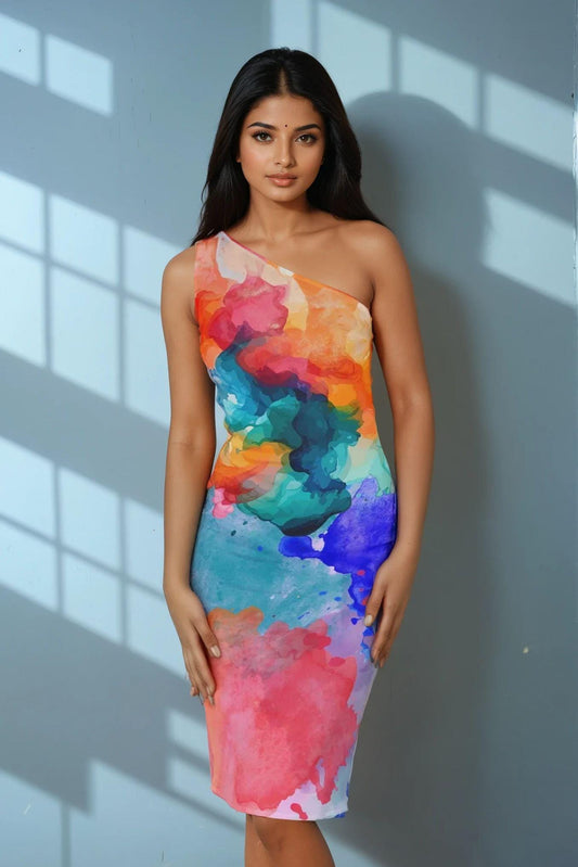 Shoulder Dress, Colorful Rainbow Watercolors, Abstract Fluid Paint, Original Design, Attention Getting, Art, Cocktails, Date night, Sundress