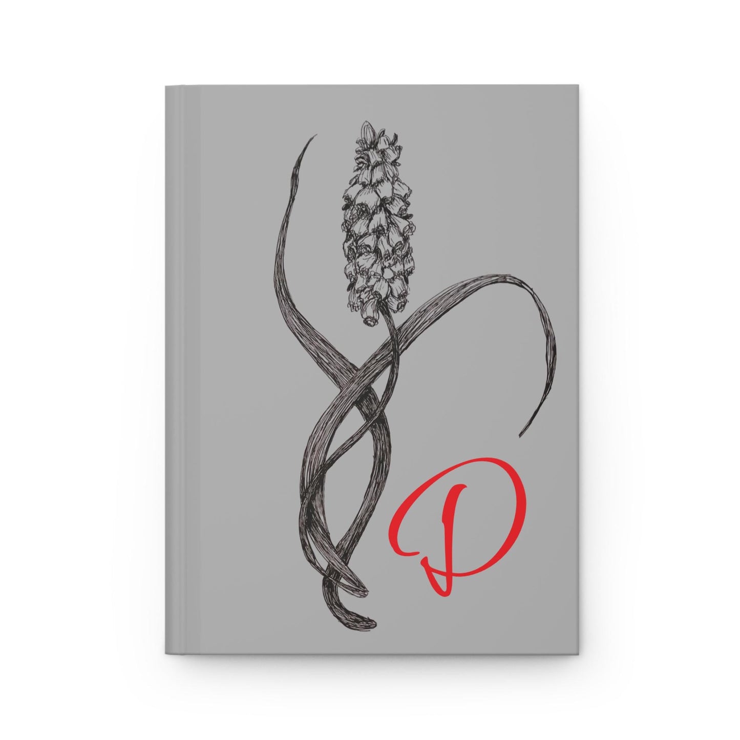 Botanical Hardcover Journal, Gardener's Notebook, Personalized Gray Scale Fine Art Print, Red Initial, Spring Summer Diary, Gift for Plant