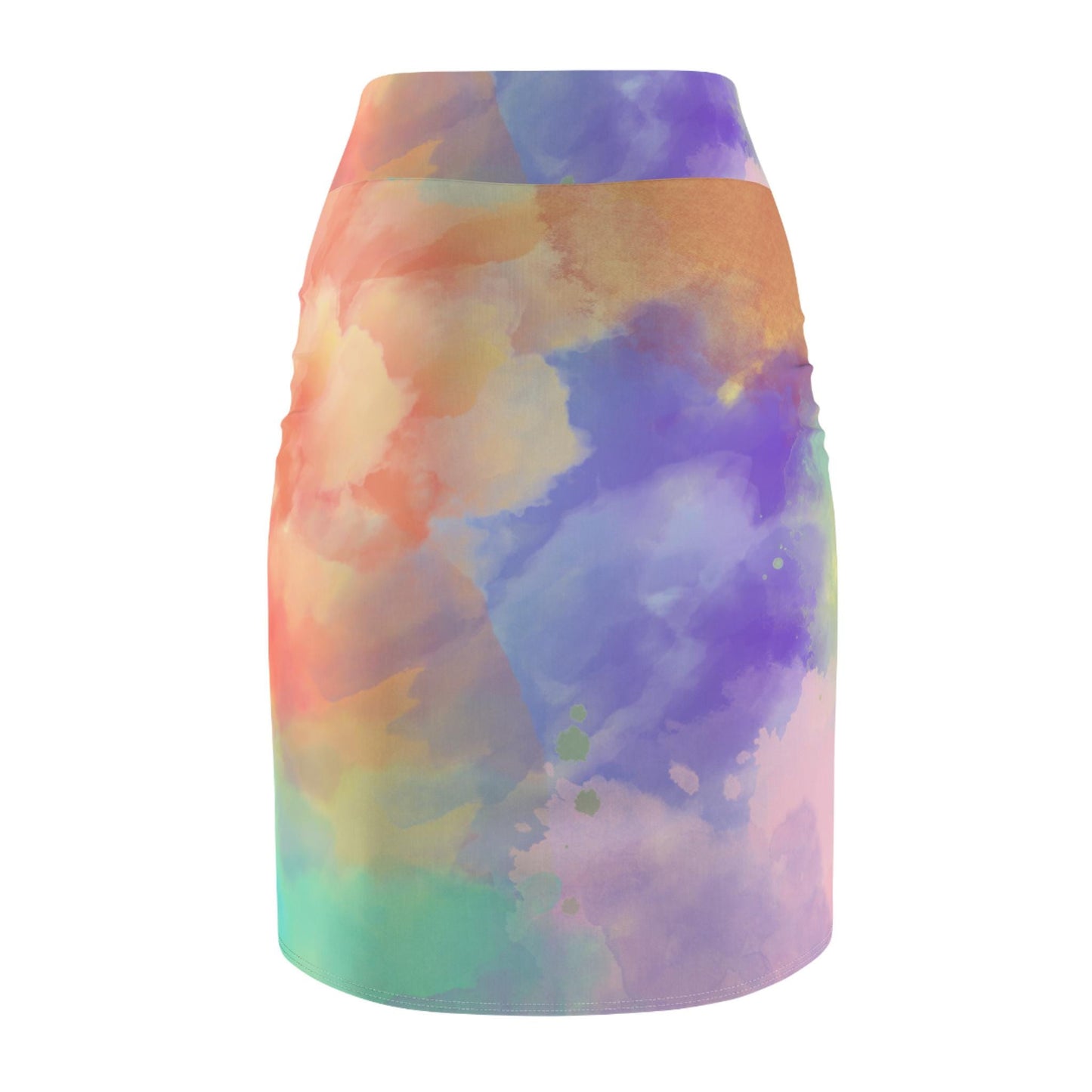 Watercolor Mix Women's Pencil Skirt, Purple Orange Teal Green Artistic Style, Unique Modern Fashion Statement, Hand Painted Design, Original