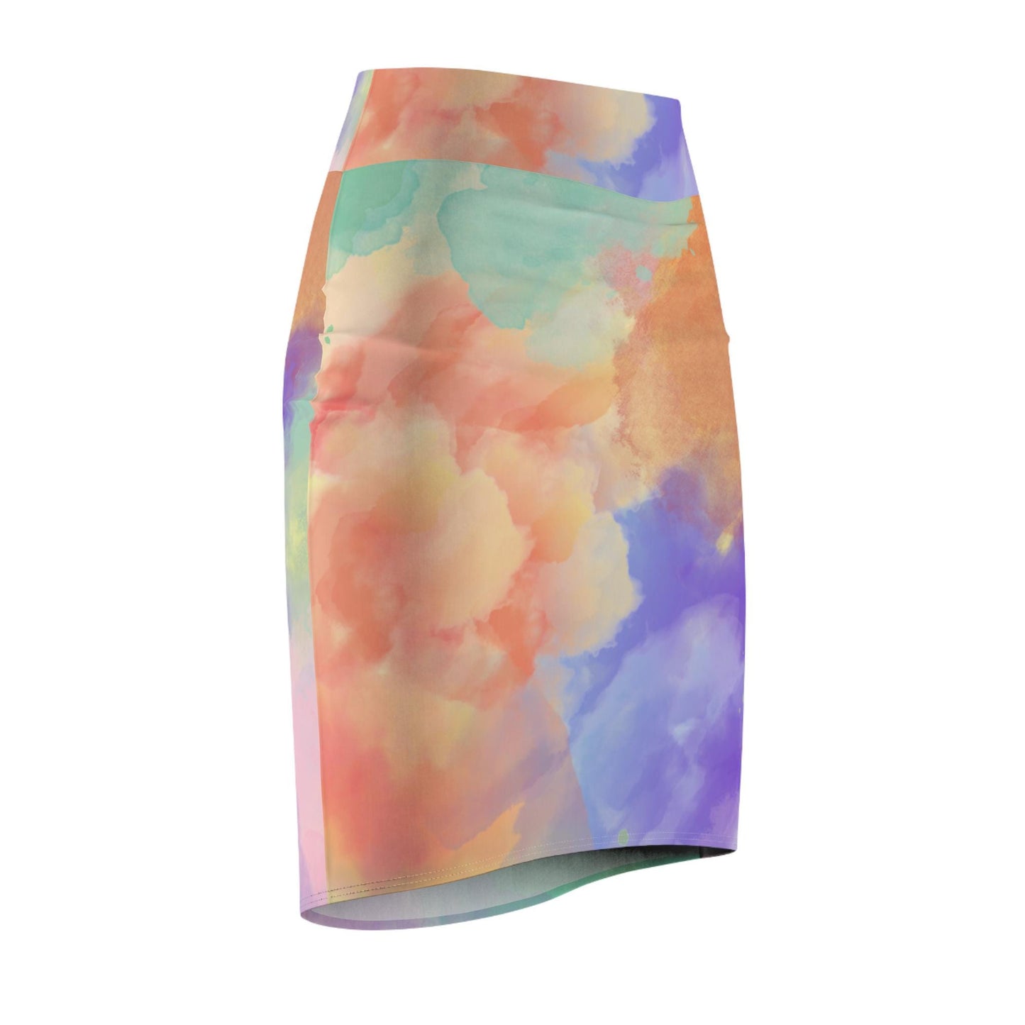 Watercolor Mix Women's Pencil Skirt, Purple Orange Teal Green Artistic Style, Unique Modern Fashion Statement, Hand Painted Design, Original