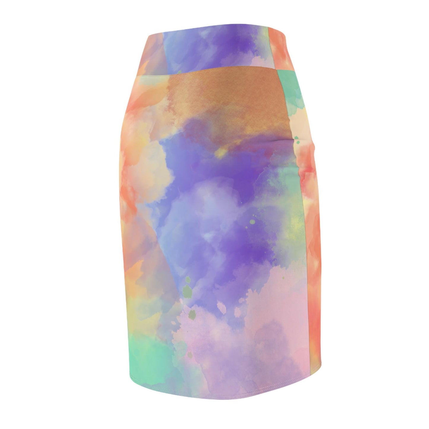 Watercolor Mix Women's Pencil Skirt, Purple Orange Teal Green Artistic Style, Unique Modern Fashion Statement, Hand Painted Design, Original