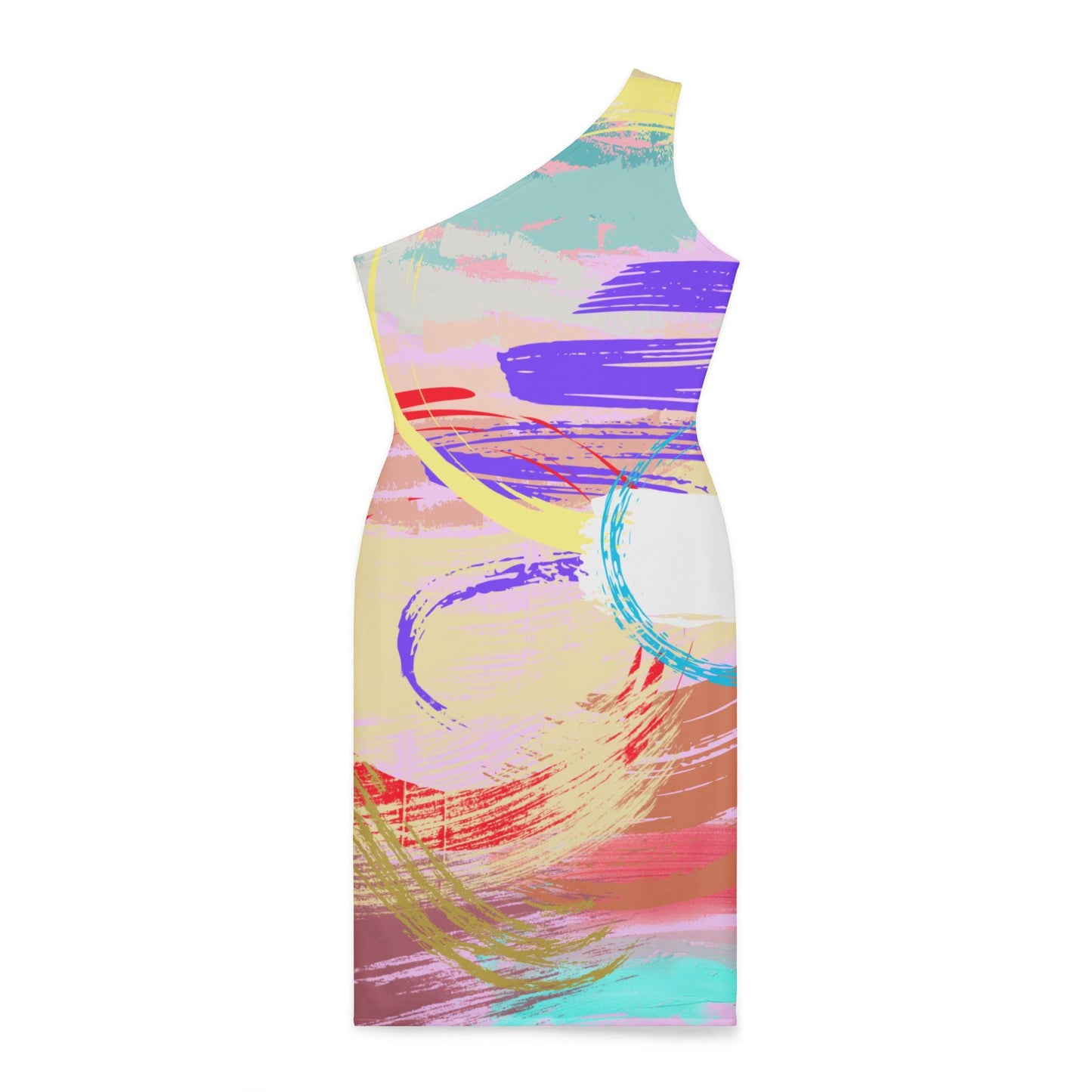 Shoulder Dress, Abstract Print in Pinks, Yellows, Purples, Teals, Textured Brush Strokes, Modern Artistic Design, Original Artwork, Unique