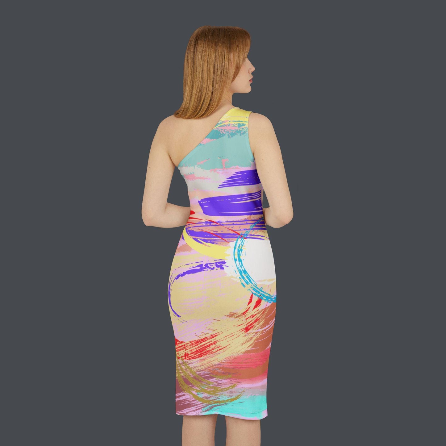 Shoulder Dress, Abstract Print in Pinks, Yellows, Purples, Teals, Textured Brush Strokes, Modern Artistic Design, Original Artwork, Unique