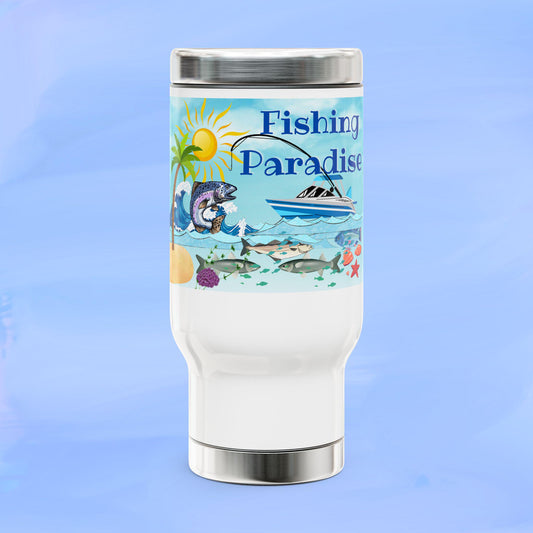 Travel Mug, Fishing Angler Design, Fish Boat Waves Palm Trees, Stainless Steel Mug, Gift for Fisherman, Outdoor Enthusiast, Fishing