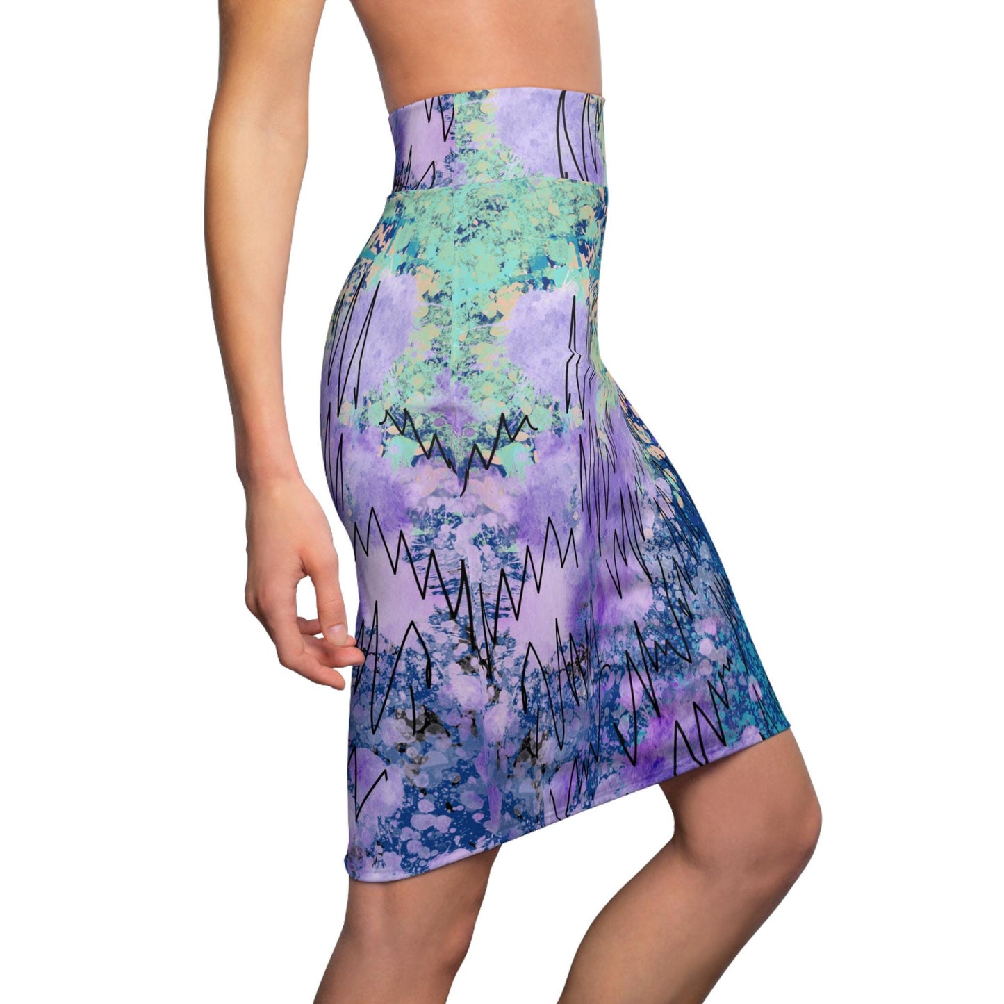 Statement Piece Pencil Skirt, Modern Streetart Design, Purple over Deep Blue, Party Cocktail Date Skirt, Women's Fashion, Unique Digital