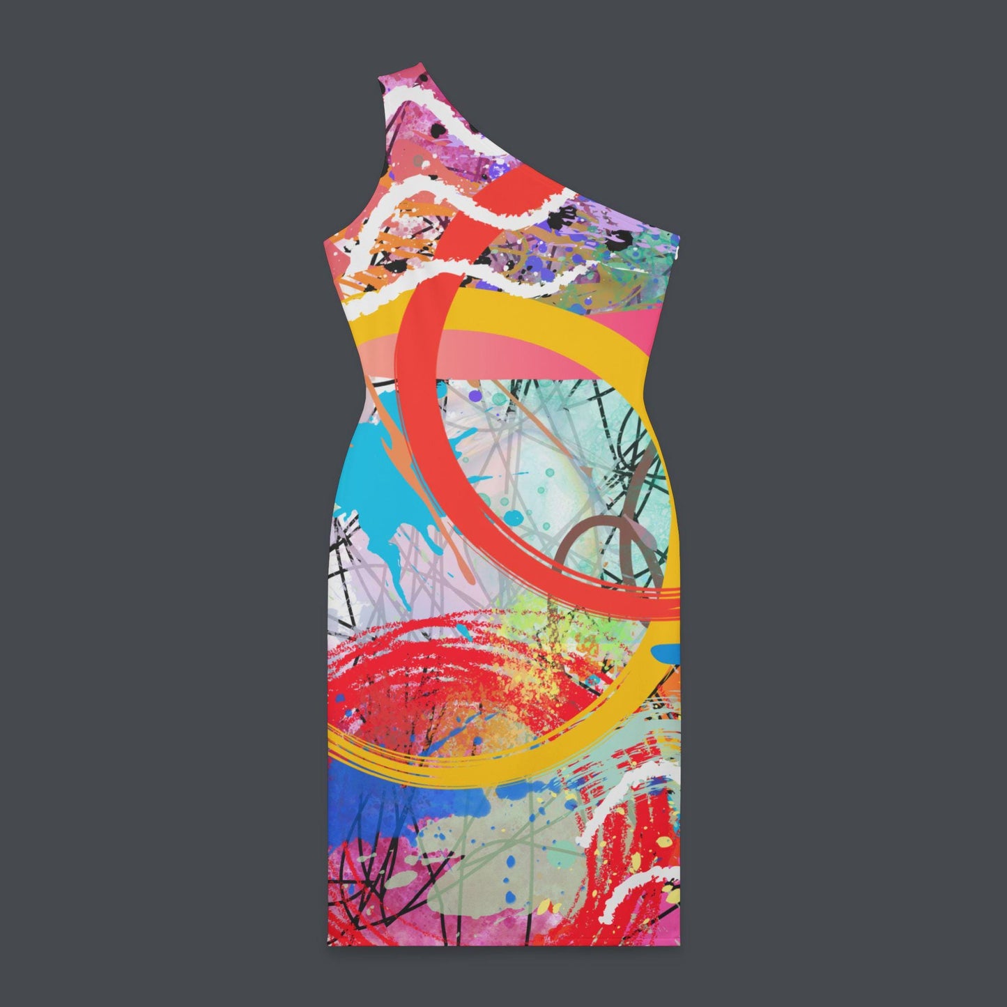 Shoulder Dress, Colorful Abstract Digital Design, Perfect for Cocktails, Dates, Any Occasion