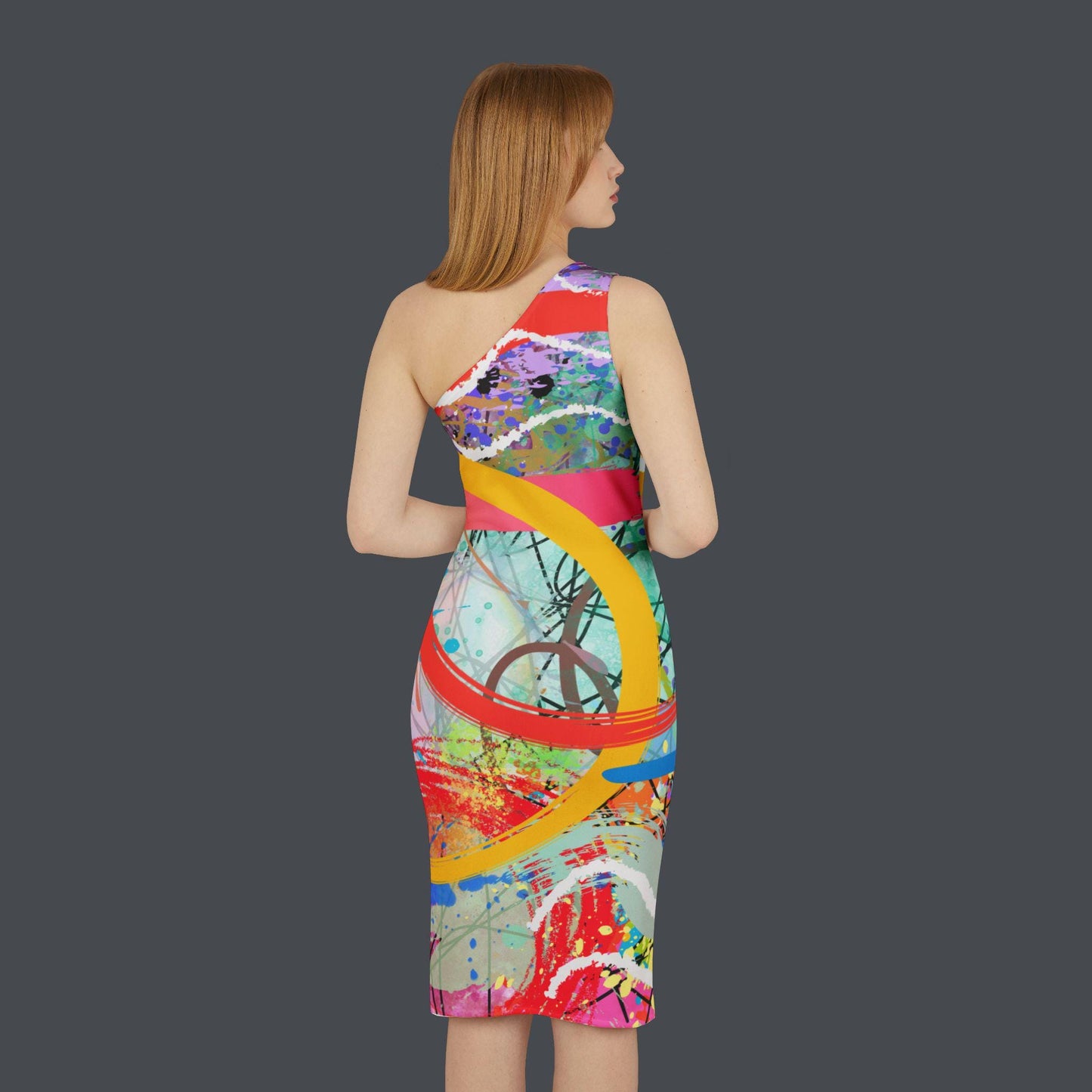 Shoulder Dress, Colorful Abstract Digital Design, Perfect for Cocktails, Dates, Any Occasion