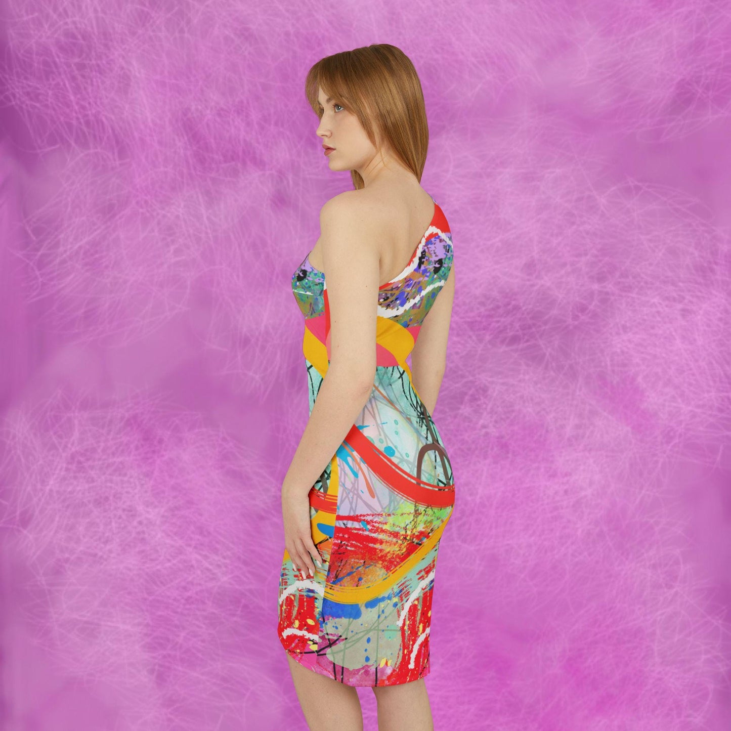 Shoulder Dress, Colorful Abstract Digital Design, Perfect for Cocktails, Dates, Any Occasion