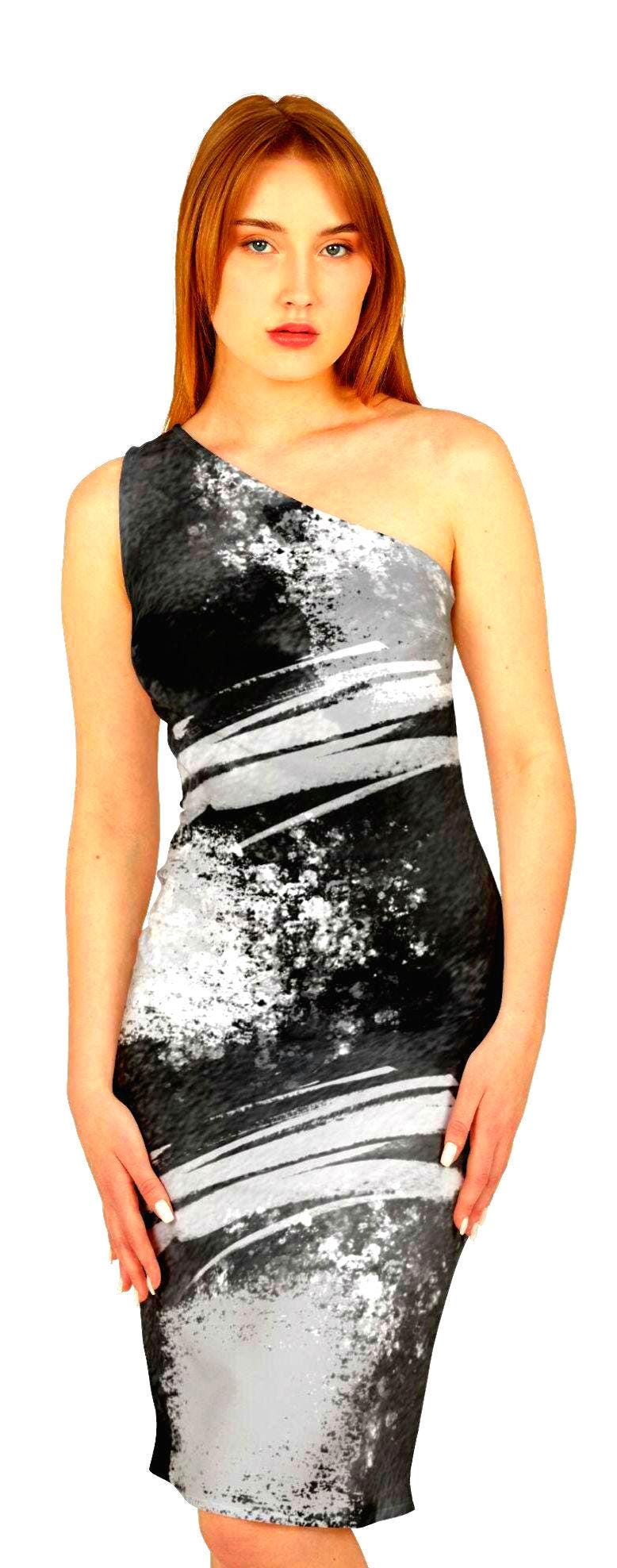 Shoulder Dress - Black Abstract Brush Stroke LBD for Formal Events, Date Night, Cocktails - Sexy Sophisticated Women's Dress, Dinner Outfit