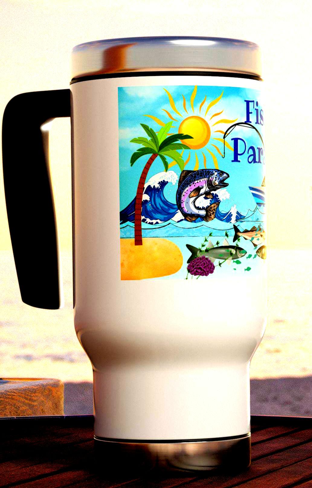 Travel Mug, Fishing Angler Design, Fish Boat Waves Palm Trees, Stainless Steel Mug, Gift for Fisherman, Outdoor Enthusiast, Fishing